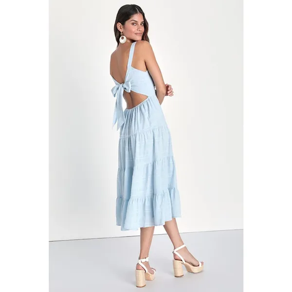 NWT Lulus Freest Feelings Light Blue Plaid Tiered Tie-Back Midi Dress Resort S - Image 3