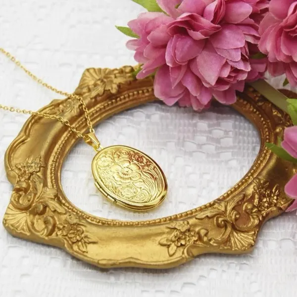 Gold Floral Design Oval Locket Necklace - Image 3
