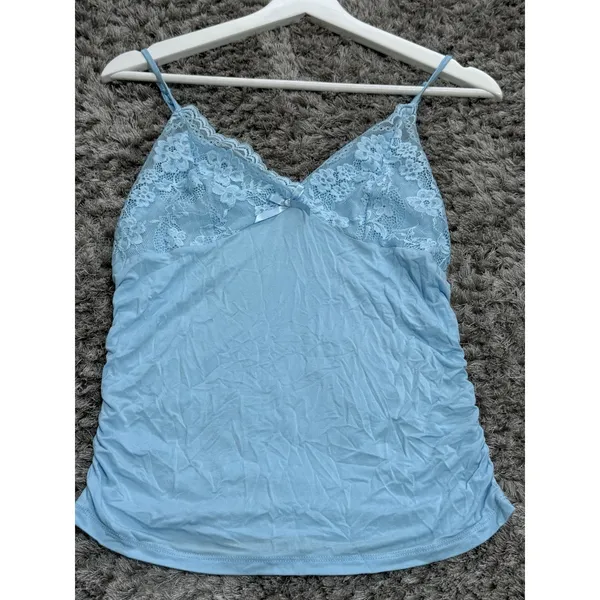 Vintage Y2K Light Blue Lace Trim Cami Top Ruched Bow Babydoll Tank Women’s S - Image 2