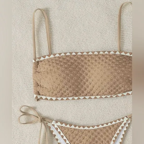 SHEIN Sawtooth Trim Textured Bikini Set, Khaki/Tan, Size L, NWOT - Image 3