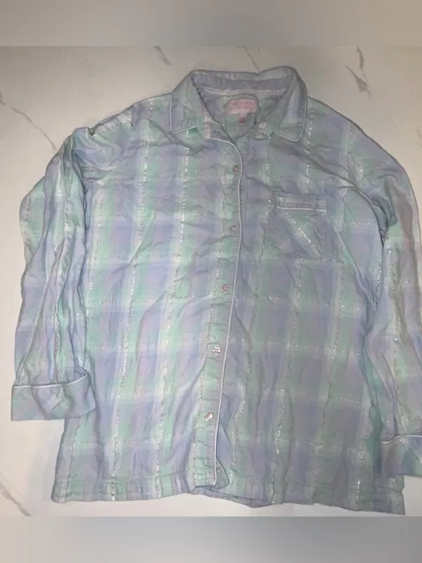 Victoria's Secret Aqua & Purple Pastel Plaid Flannel Pajama Set Women's Small‎ - Image 12