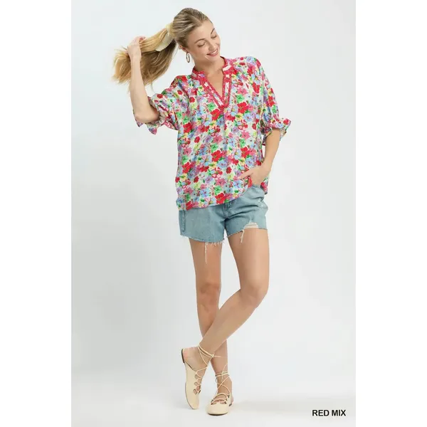 Umgee Mix Floral Print‎ Ruffle Top - Red- Small - Image 5