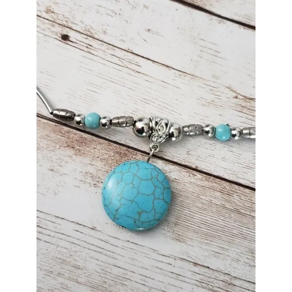 Vintage Necklace - Wavy Silver Tone with Turquoise Tone Pendant - Image 3
