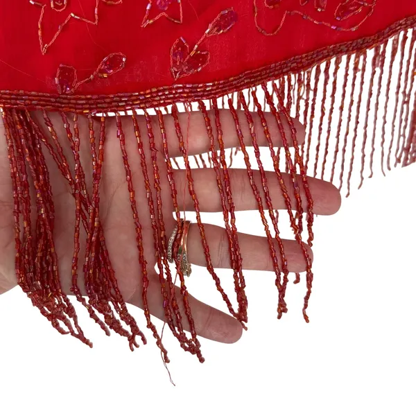 Vintage Red 100% Silk Beaded‎ Sequin Fringe Flapper Cocktail Dress - Image 5