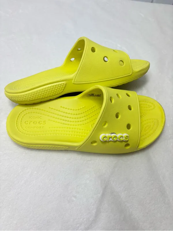 CROCS‎ Bright Neon Yellow Slide Sandals Women size 7 Men size 5 - Image 5