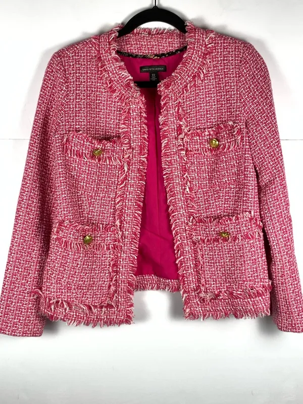 Saks Fifth Avenue Tweed Jacket XS Pink Frayed Trim Open Front Blazer - Image 8