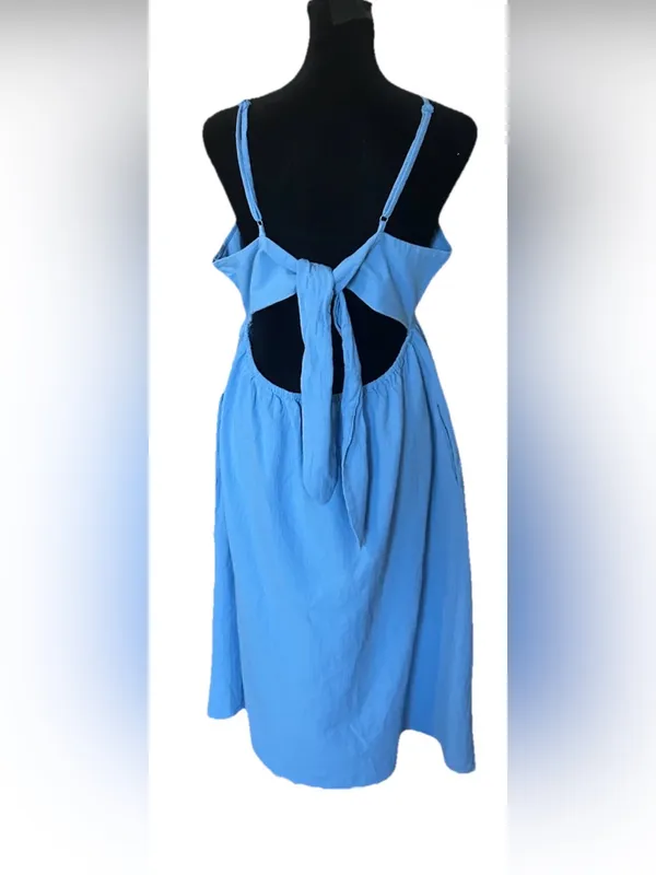 Universal Thread Women's Blue Chambray Cotton V-Neck Open Back Tie Midi Dress L - Image 7
