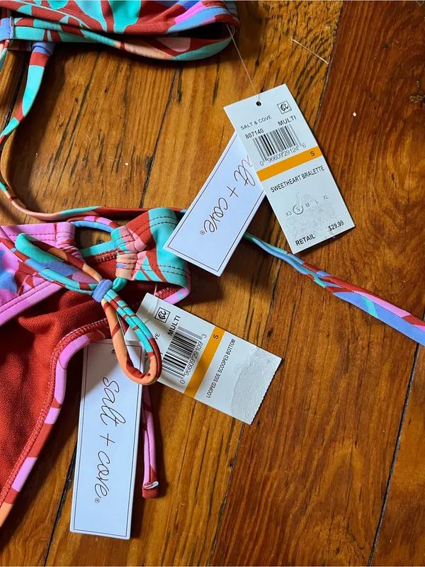 Salt + Cove Multicolor Tropical Leaf Bikini in Pink, Teal & Orange - Image 5