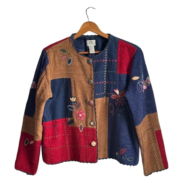 Koret City Blues Vintage Mixed Textile Patchwork Floral Embroidered Jacket Large - Image 8