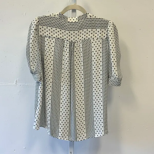Tahari Womens Polka Dot Striped Blouse Black White Ruched Puff Sleeve Medium - Image 2