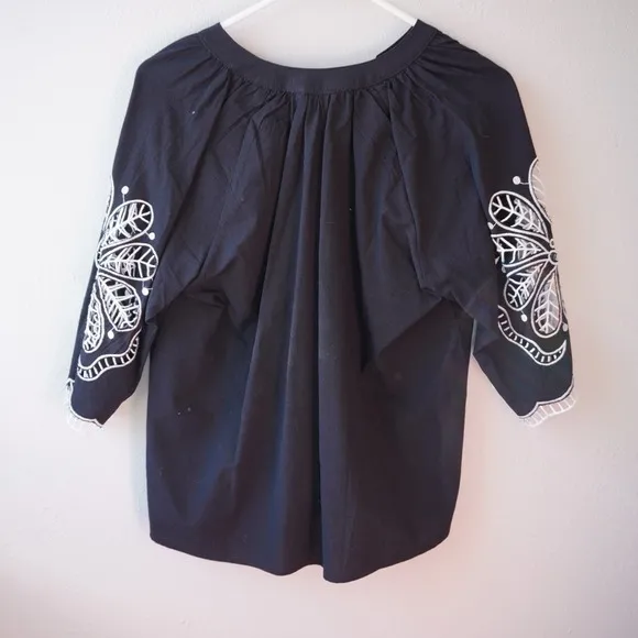 Solitaire Black Linen Blend V-Neck Shirt Embroidered Artisan Blouse‎ Artsy Boho - Image 8
