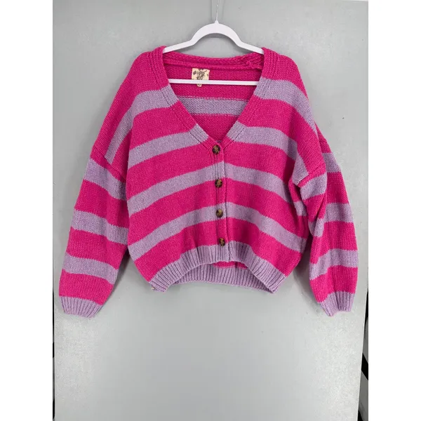 Hippie Rose Womens‎ Cardigan Pink Purple Striped Oversized Knit V-Neck Medium - Image 2