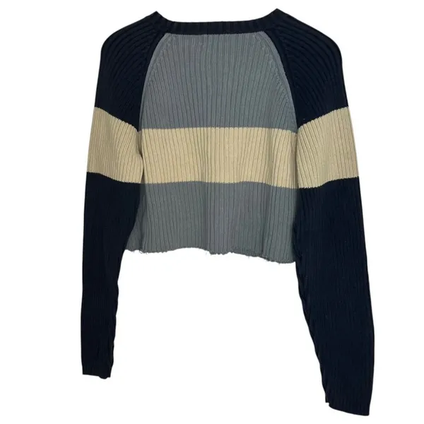 Structure Women's‎ L Ribbed Knit Crop Sweater Multi Blue Chunky Stripe Nautical - Image 4