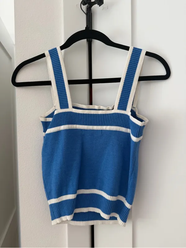 Blue Contrast Trim Knit Tank Top - Image 3