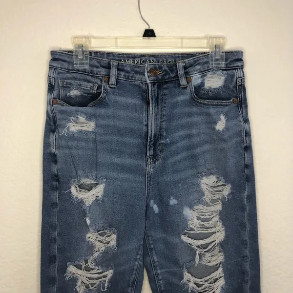 12 Long American Eagle Outfitters High-Rise Distressed Blue Mom Jeans - Image 3