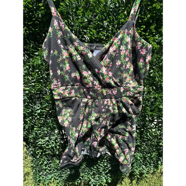 Venus Womens Small Floral Crossover‎ Empire Waist Camisole Tank Top Black Pink - Image 2