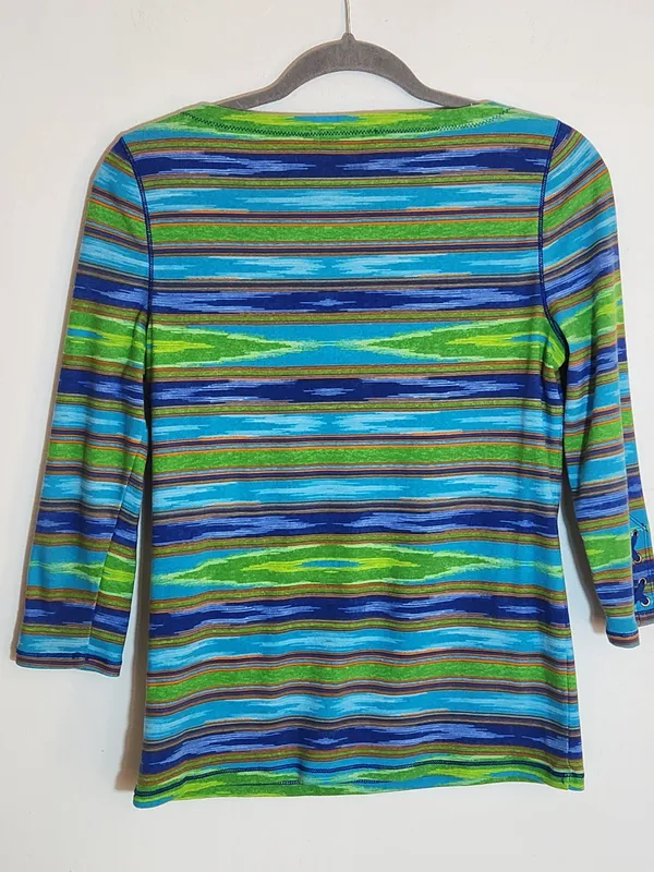 Lauren Ralph Lauren Blue and Green Southwestern Stripe Boat Neck Tee Size Medium - Image 4
