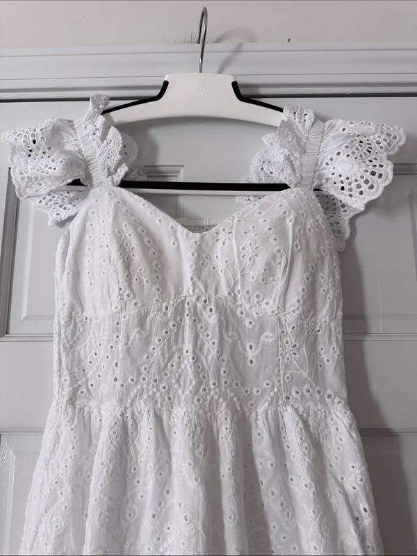 Made in Italy White Eyelet Ruffle Strap Bustier Cinched Line Dress 100% Cotton - Image 2