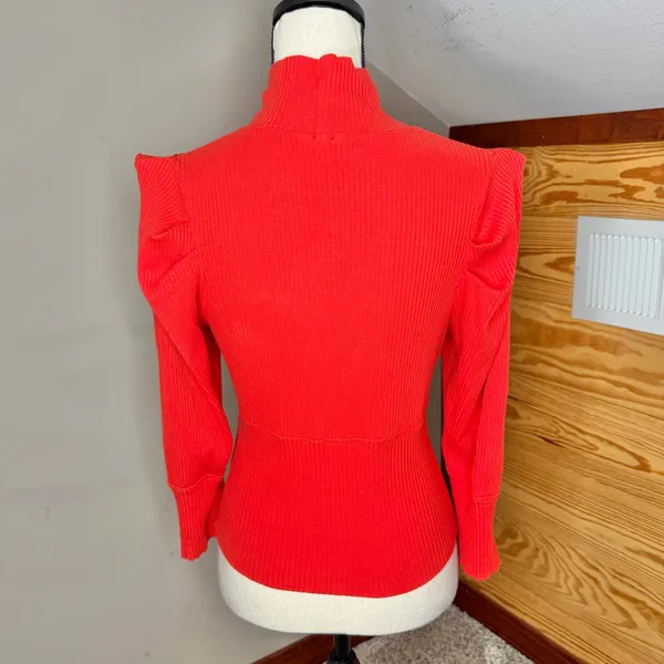 Free People Lala Cropped Puff Sleeve Mock Neck Ribbed Top Red Large L OB861565 - Image 3