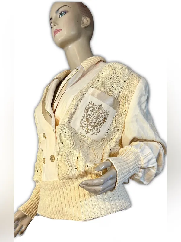 Side Effects Vintage 1990'S Yellow Cream Embroidered V Neck Pullover Sweater (M) - Image 5