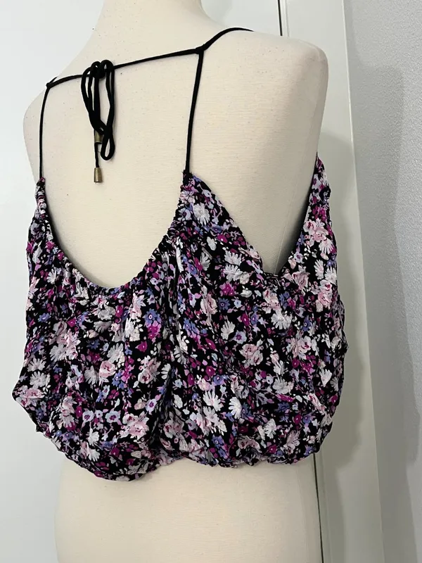 Free People Small Floral Print Drawstring Bubble Hem Crop Top - Image 3