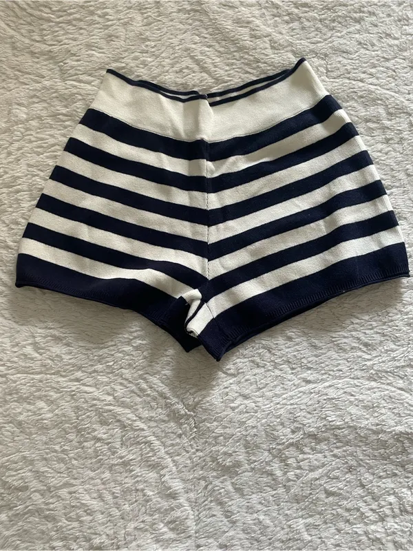Double Zero Fitted Knit Navy Stripe  Shorts - Image 2