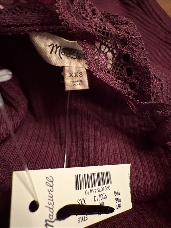 Madewell Lace-Trim Square-Neck Tank burgundy red Size XXS NWT - Image 3