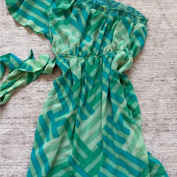 Forever 21 Teal Patterned Dress One Shoulder w/ Tie (Size Small) - Image 4