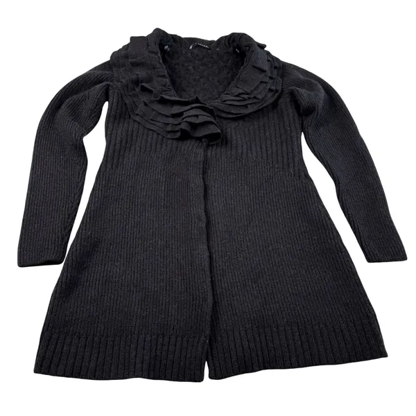 Tahari Long Cardigan Sweater Jacket 100% Merino Wool Size Small Gray Ruffle Snap - Image 5