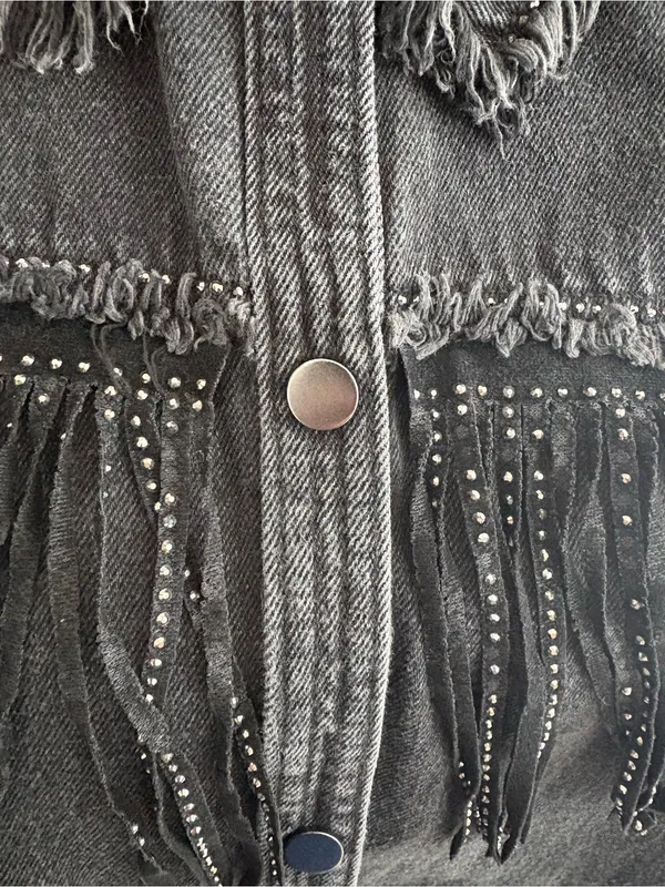 Zara Black Denim Rhinestone Fringe Oversized Jacket Size S - Image 7