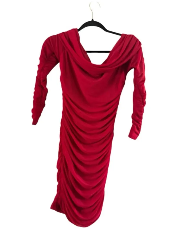 Elegant Red Ruched Cowl-Neck Midi Dress - Image 4