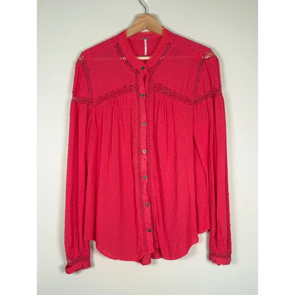 Free People Abigail Victorian Lace Yoke Pink Red Button Up Top Womens‎ Large - Image 2