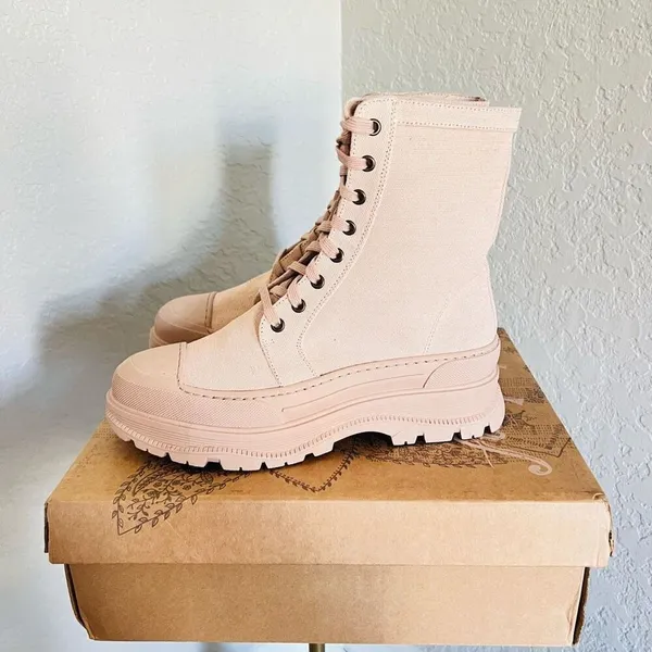 FREE‎ PEOPLE Camp Out Canvas Combat Boot, Natural, Tan/Pink, Size 8, NWT - Image 7