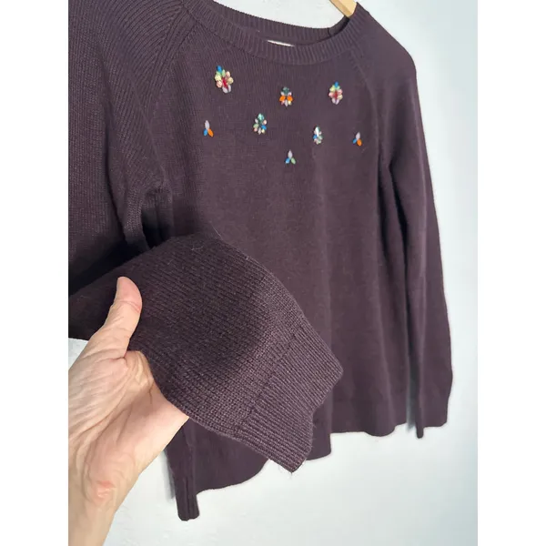 Loft Bejeweled Rhinestone Burgundy Plum Sweater Glam Preppy Twee Medium - Image 4