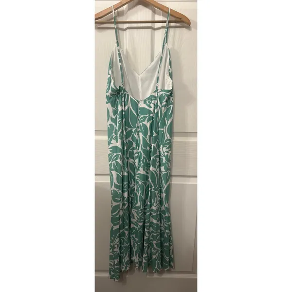VICI Green White Tropical Leaf Print Midi Dress M Rayon Linen Front Slit Resort - Image 8