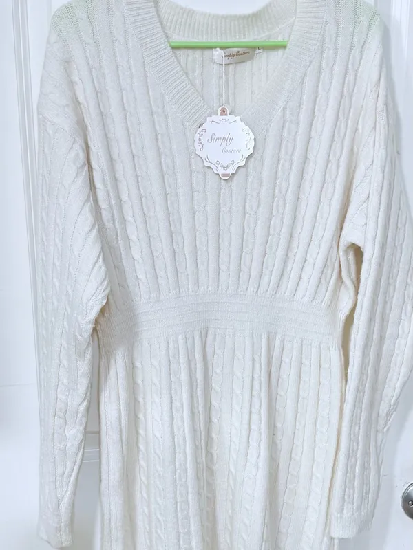 Simply Couture Ivory Cable-Knit V-Neck Long Sleeve Dress - Image 2