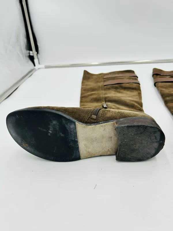 Nine West Taupe Brown Suede Tumble Tall Riding Boots Sz 9 Double Buckle - Image 11