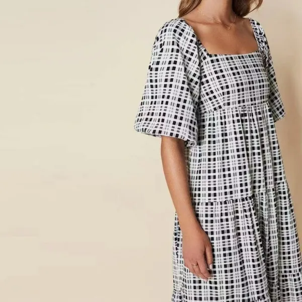 Faithfull the Brand Kiona Checker Print Puff Sleeve Midi Dress Black White M NWT - Image 6