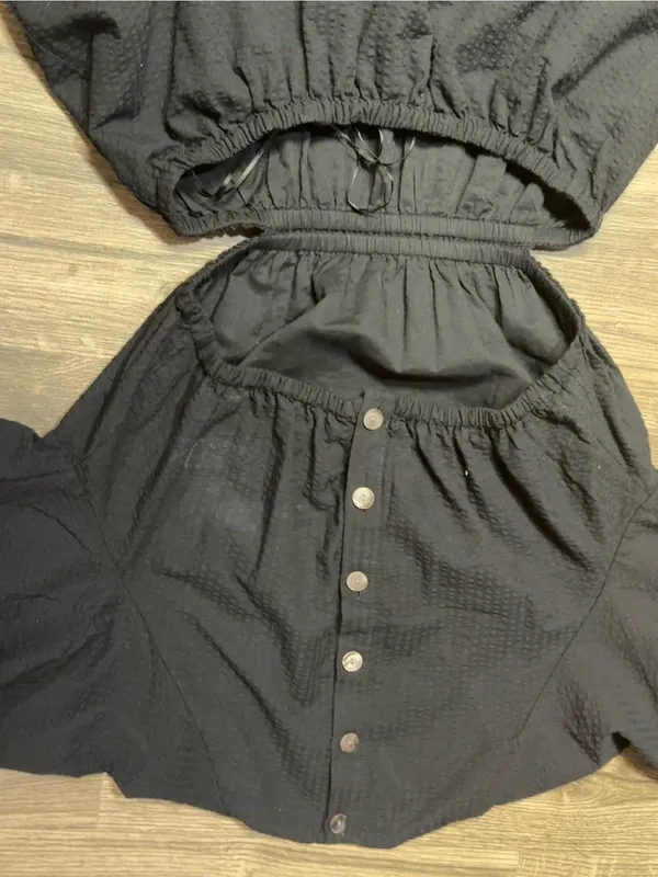 Madewell Black Textured Puff Sleeve Cutout Midi Dress Size Medium - Image 7