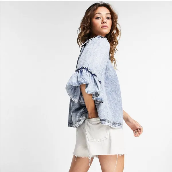 Free People Ainsley Denim Top in Indigo Wash Size Large - Image 11