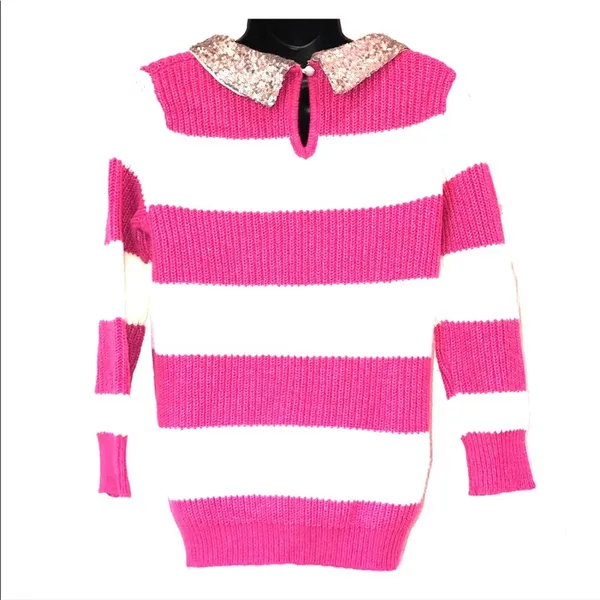 Pim + Larkin Wool Blend‎ Striped Sweater Pink & White Sequin Peter Pan Collar S - Image 2