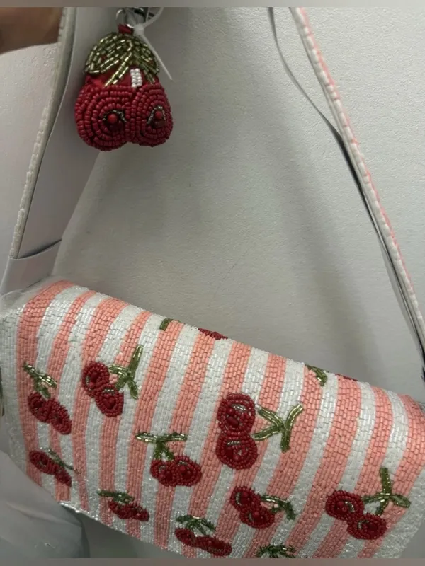 NWT Beaded Cherry Shoulder Bag Pink White Handmade India Viral TikTok Purse - Image 6