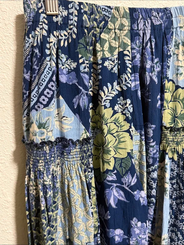 Angie Blue Patchwork Floral Wide‎ Leg Boho Pants Smocked Size Small - Image 6