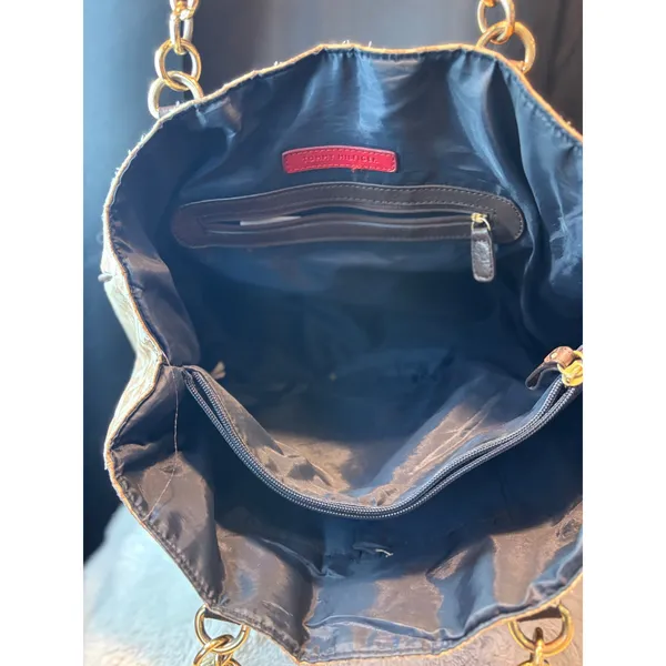 Tommy Hilfiger Monogram Tote Bag Brown Tan Gold Chain Hardware Large Handbag - Image 10
