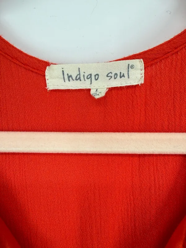 Indigo Soul Women's Large Red/Orange Sleeveless Crochet Trim Tiered Top Boho - Image 2