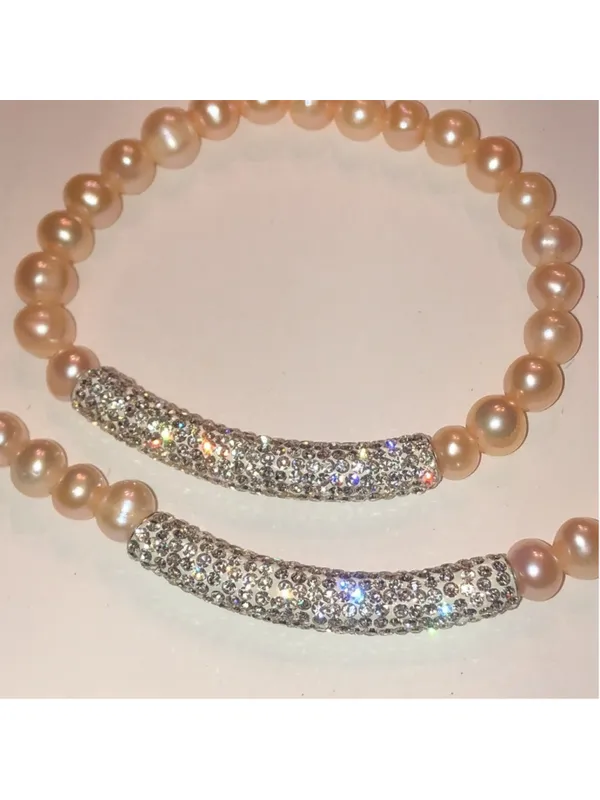 Pale Pink Genuine Pearls CZ Rhinestone Necklace Bracelet Set - Image 6