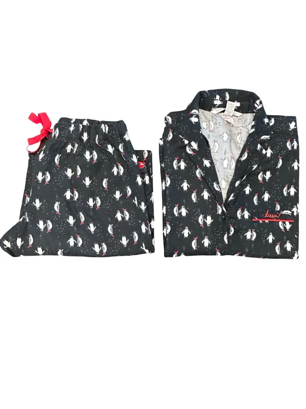 VTG Victoria's Secret The Dreamer Flannel Pj Set tuxedo Penguin Holiday cozy SM - Image 2