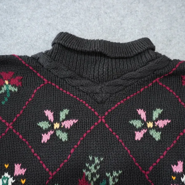 Boundary Waters Vintage Chunky Knit Floral Intarsia Mock Neck Sweater XL Black - Image 4