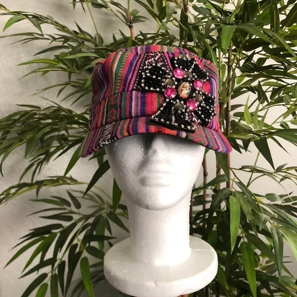 Y2K Boho Chic Kitschy Gypsy Hippie Aztec Western Beaded cross messenger cadet military newspaper baker boy cap hat - Image 3