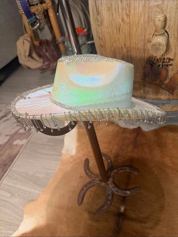 Holographic Rhinestone Fringe Western Cowgirl Hat Festival costume Halloween - Image 7
